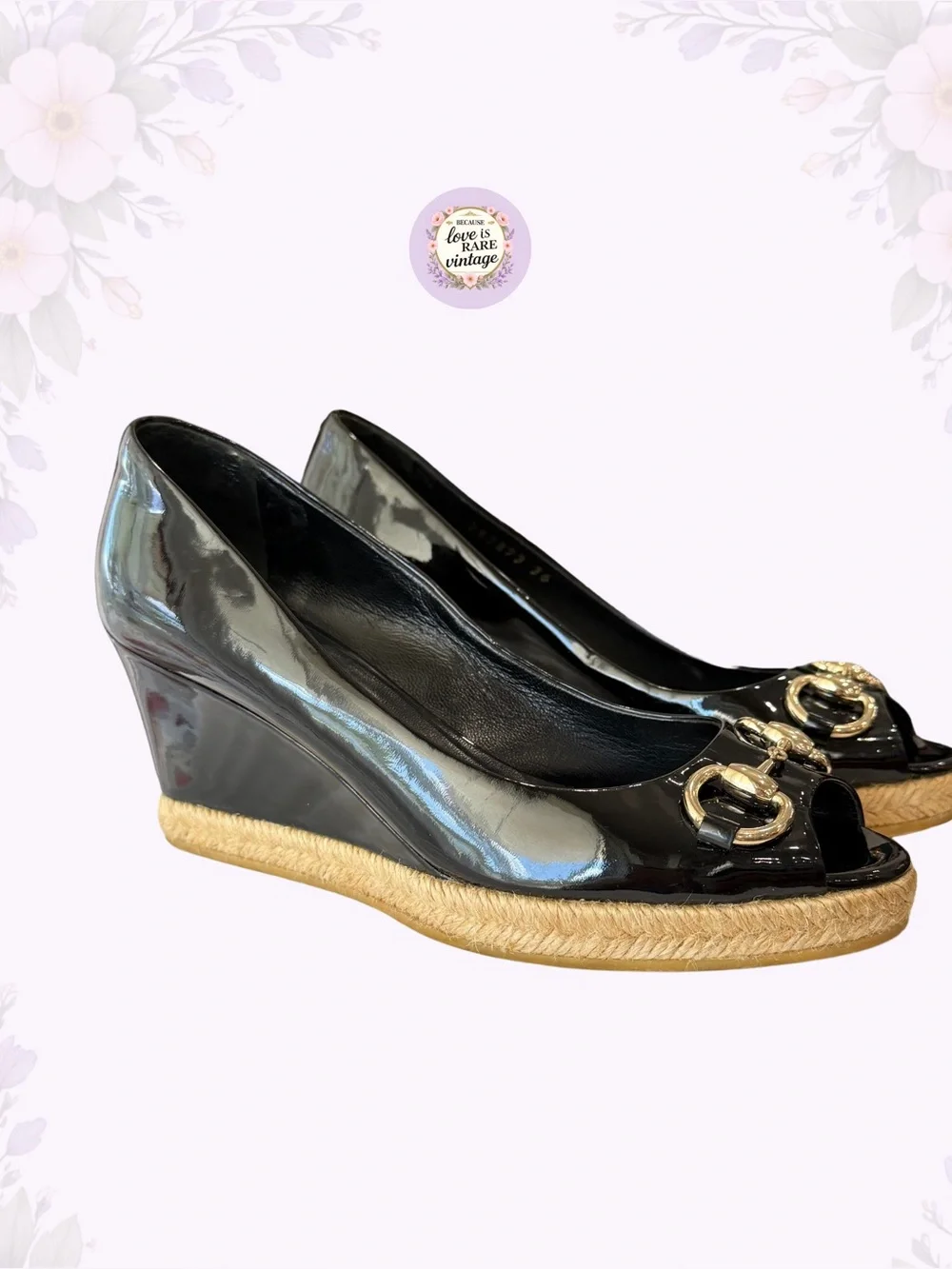 Vintage Gucci Horsebit Espadrille Wedges • Y2K Black Patent Leather Platforms